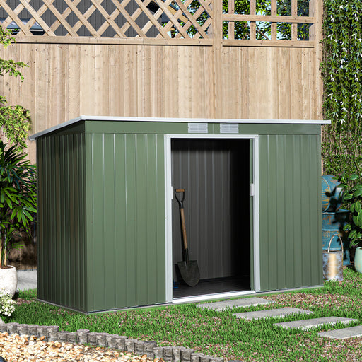 9 x 4.5 ft Pent Roof Metal Garden Storage Shed Corrugated Steel Tool Box with Foundation Ventilation & Doors, Green