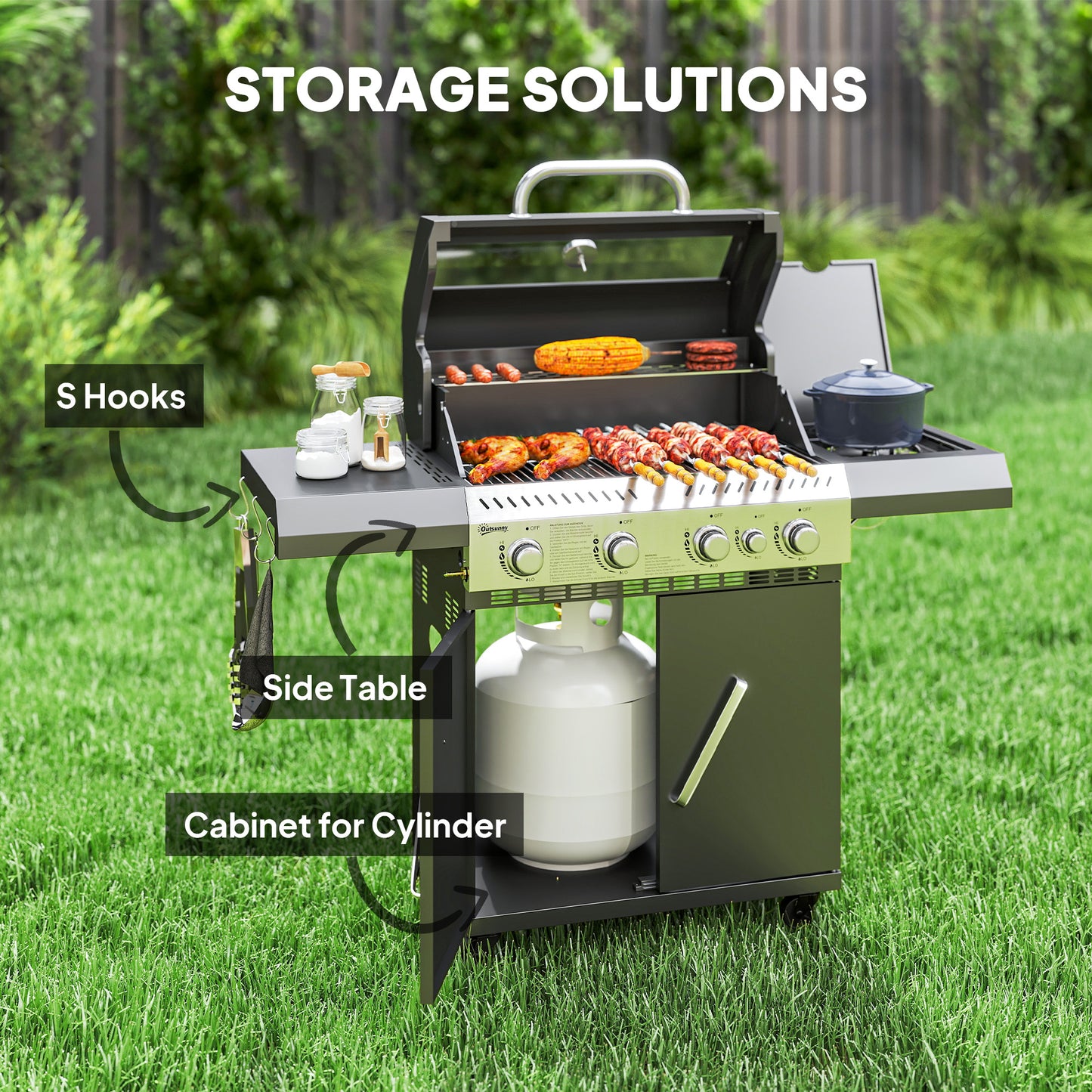 4+1 Burner Gas BBQ Grill with Clear View Lid, Thermometer, Black