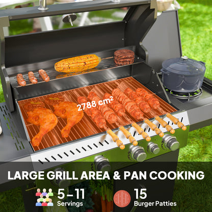 4+1 Burner Gas BBQ Grill with Clear View Lid, Thermometer, Black