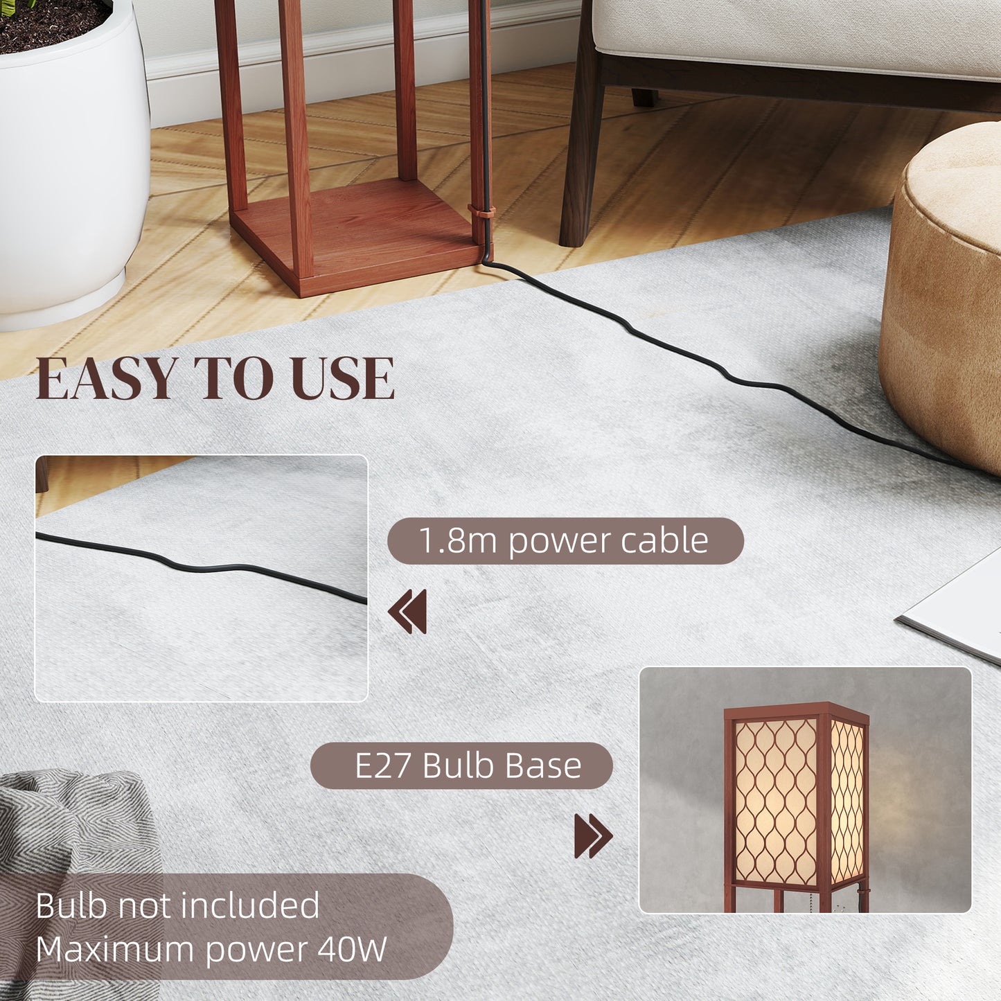 Modern Floor Lamp Light with 3 Shelves Fabric Lampshade Brown