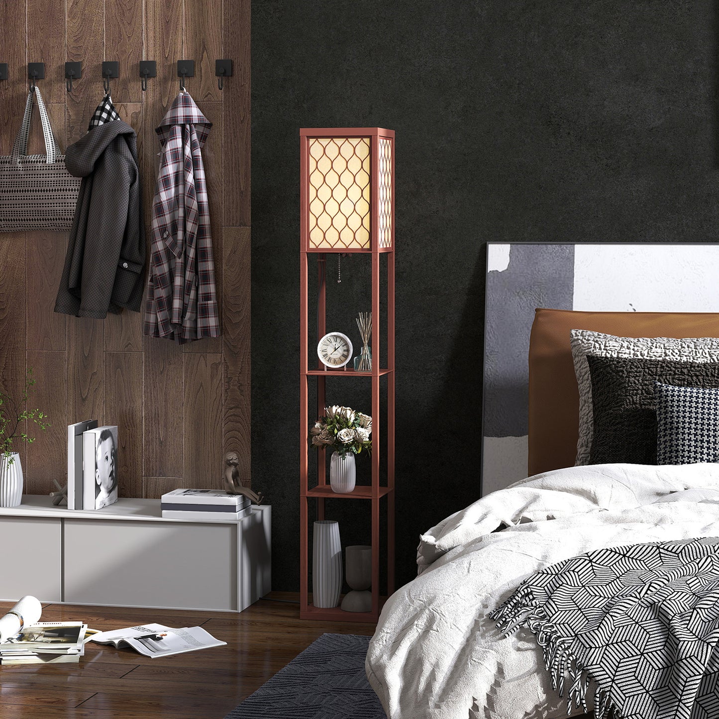 Modern Floor Lamp Light with 3 Shelves Fabric Lampshade Brown