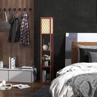 Modern Floor Lamp Light with 3 Shelves Fabric Lampshade Brown