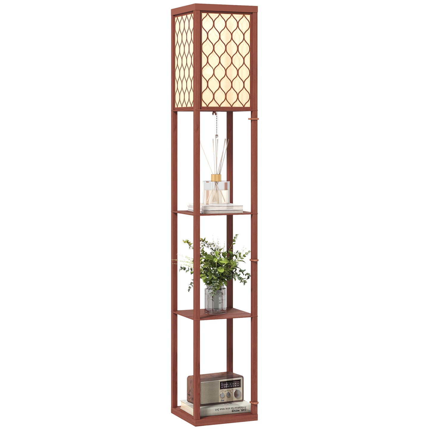 Modern Floor Lamp Light with 3 Shelves Fabric Lampshade Brown