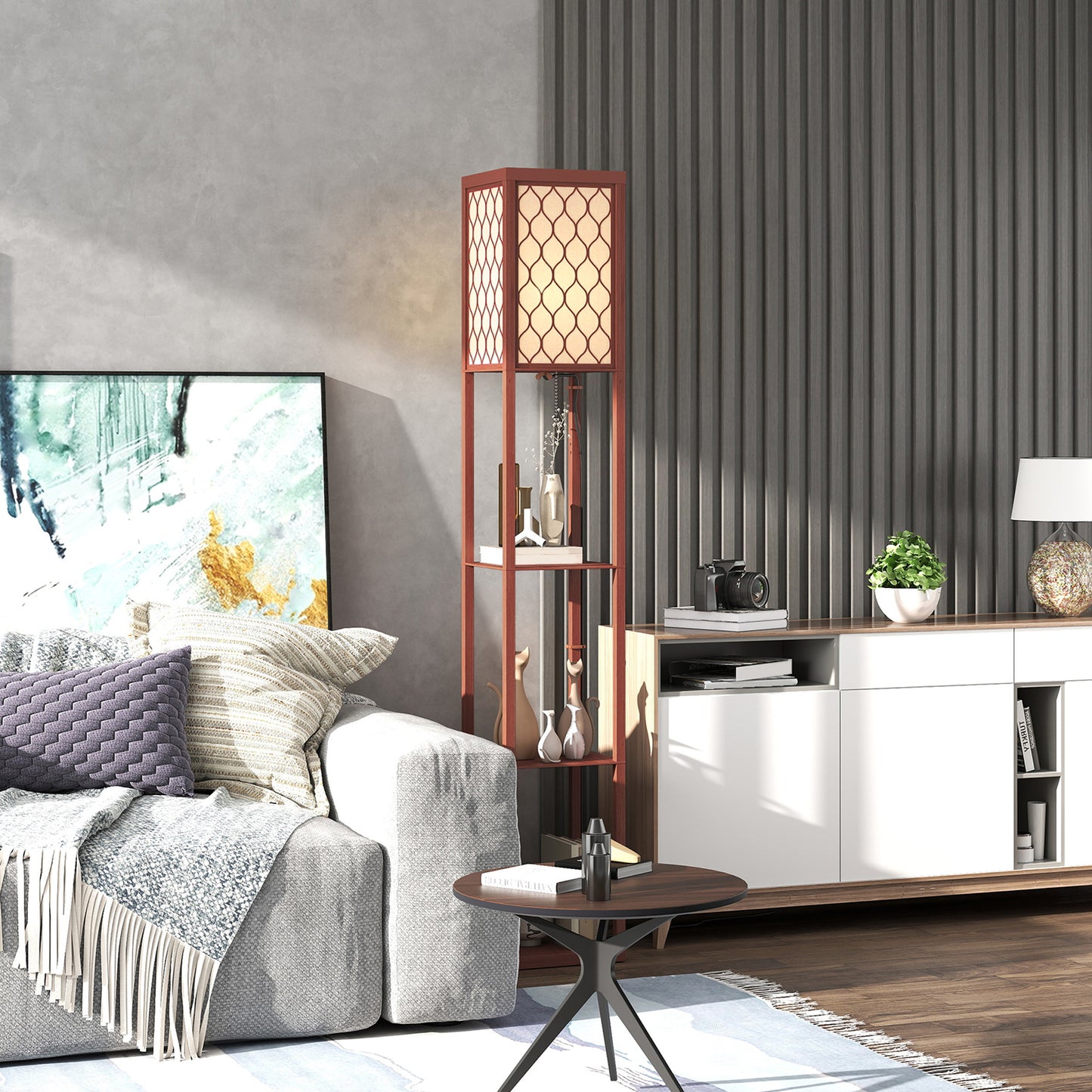 Modern Floor Lamp Light with 3 Shelves Fabric Lampshade Brown