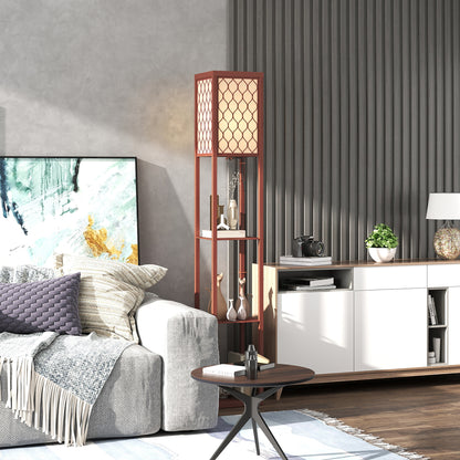 Modern Floor Lamp Light with 3 Shelves Fabric Lampshade Brown