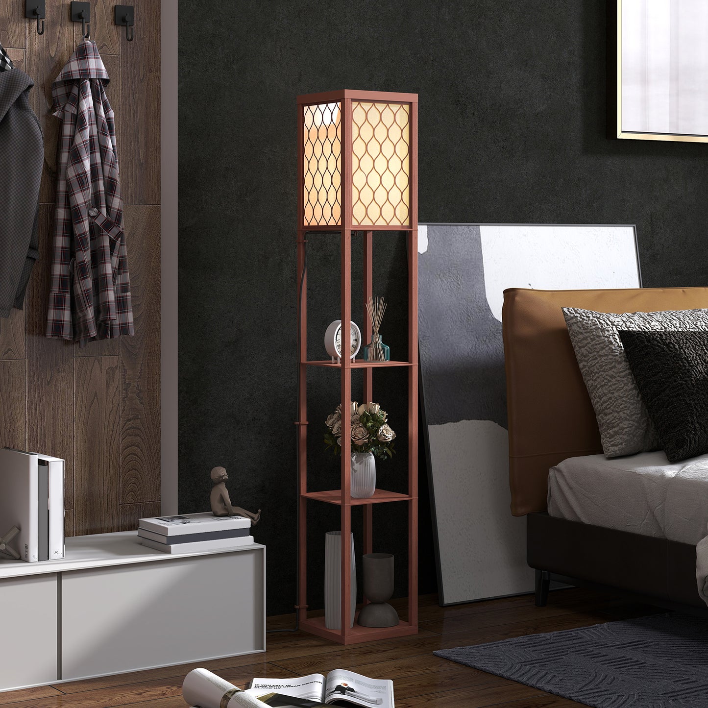 Modern Floor Lamp Light with 3 Shelves Fabric Lampshade Brown