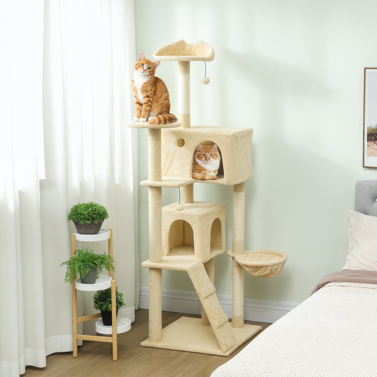 180cm Cat Tree Tower with Sisal Scratching Posts, Condos, Beige