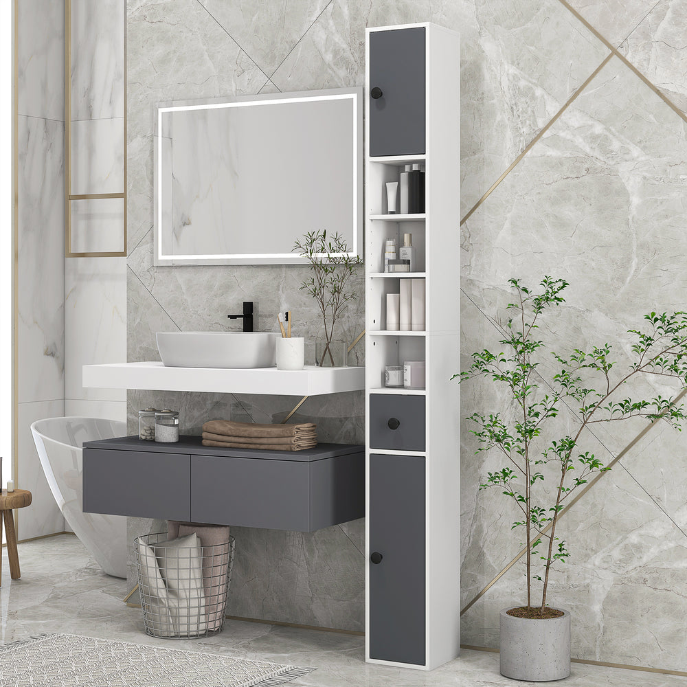 Slim Bathroom Cabinet, Toilet Roll Storage w/ Open Shelves, Grey