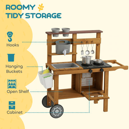 Wooden Mud Kitchen with Wheels, Stove, Stainless Steel Accessories