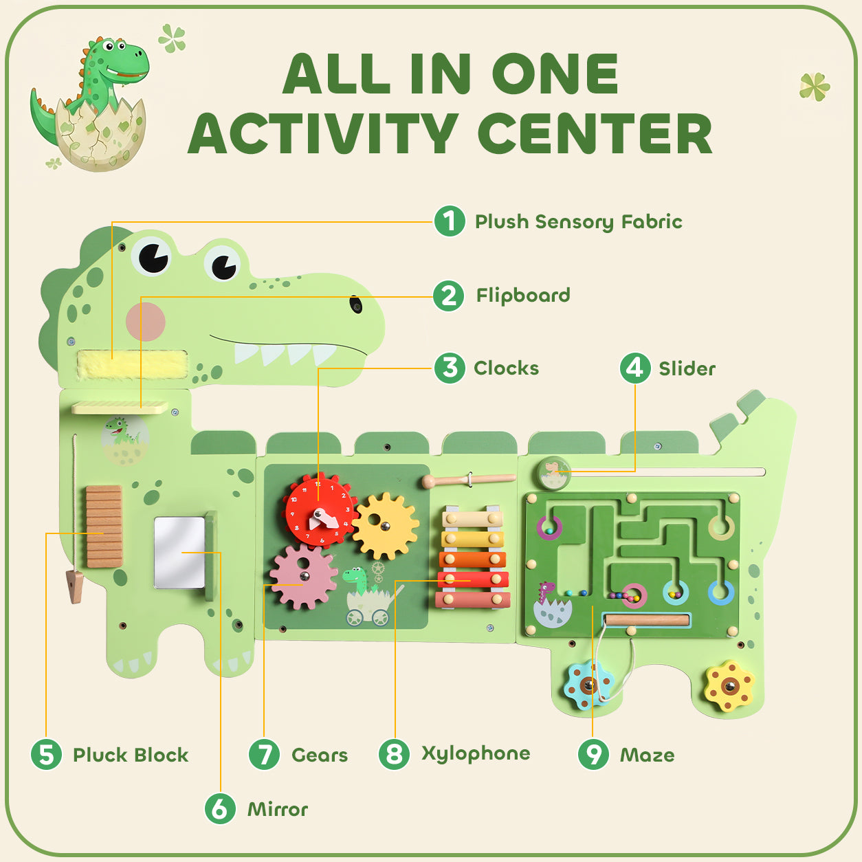 Busy Board Panels Wall Mounted Dinosaur, Green