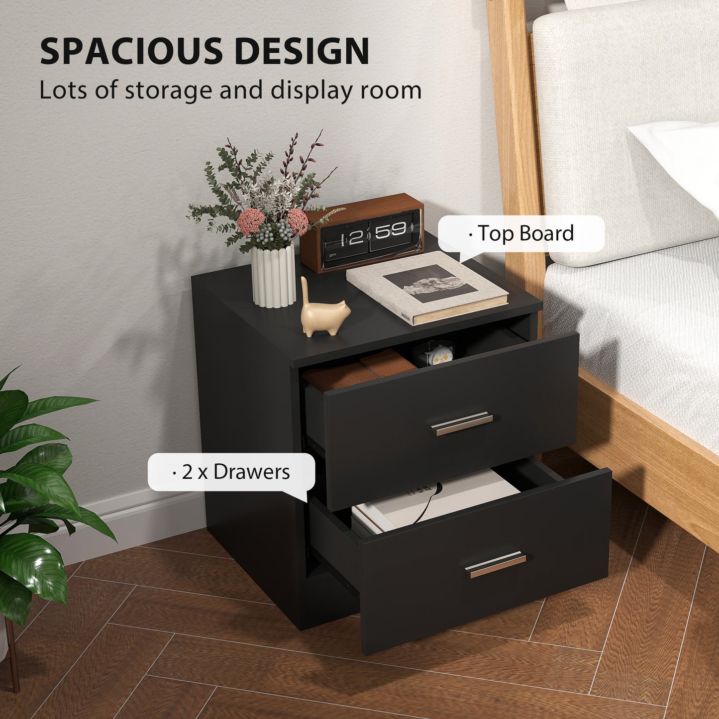 Bedside Table, Nightstand with 2 Drawers, Modern Side Table, Black