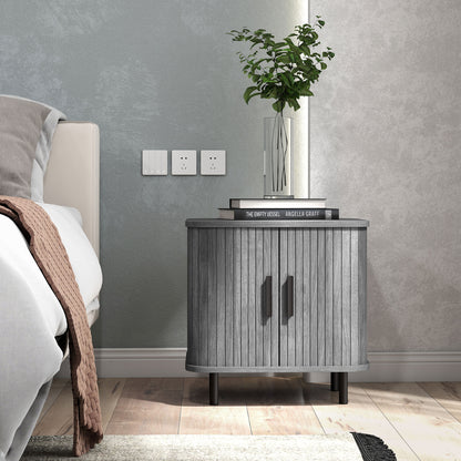 Nightstand with Sliding Doors and Metal Legs for Bedroom Grey