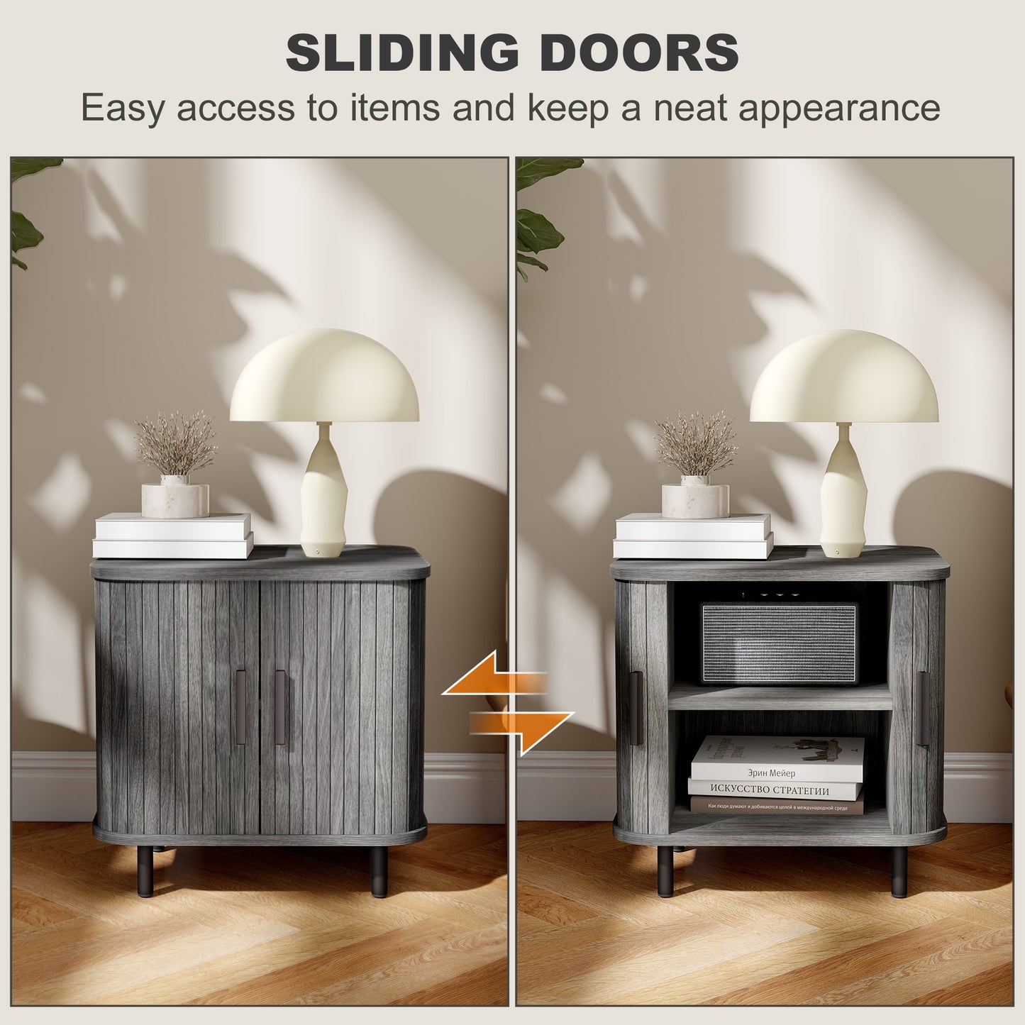 Nightstand with Sliding Doors and Metal Legs for Bedroom Grey