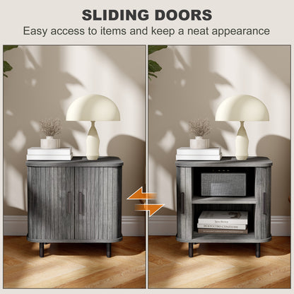Nightstand with Sliding Doors and Metal Legs for Bedroom Grey