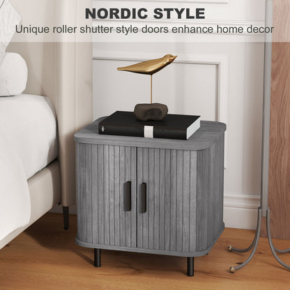 Nightstand with Sliding Doors and Metal Legs for Bedroom Grey