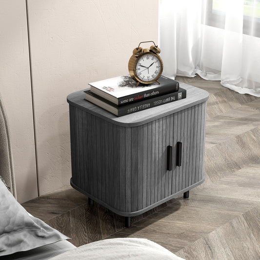 Nightstand with Sliding Doors and Metal Legs for Bedroom Grey