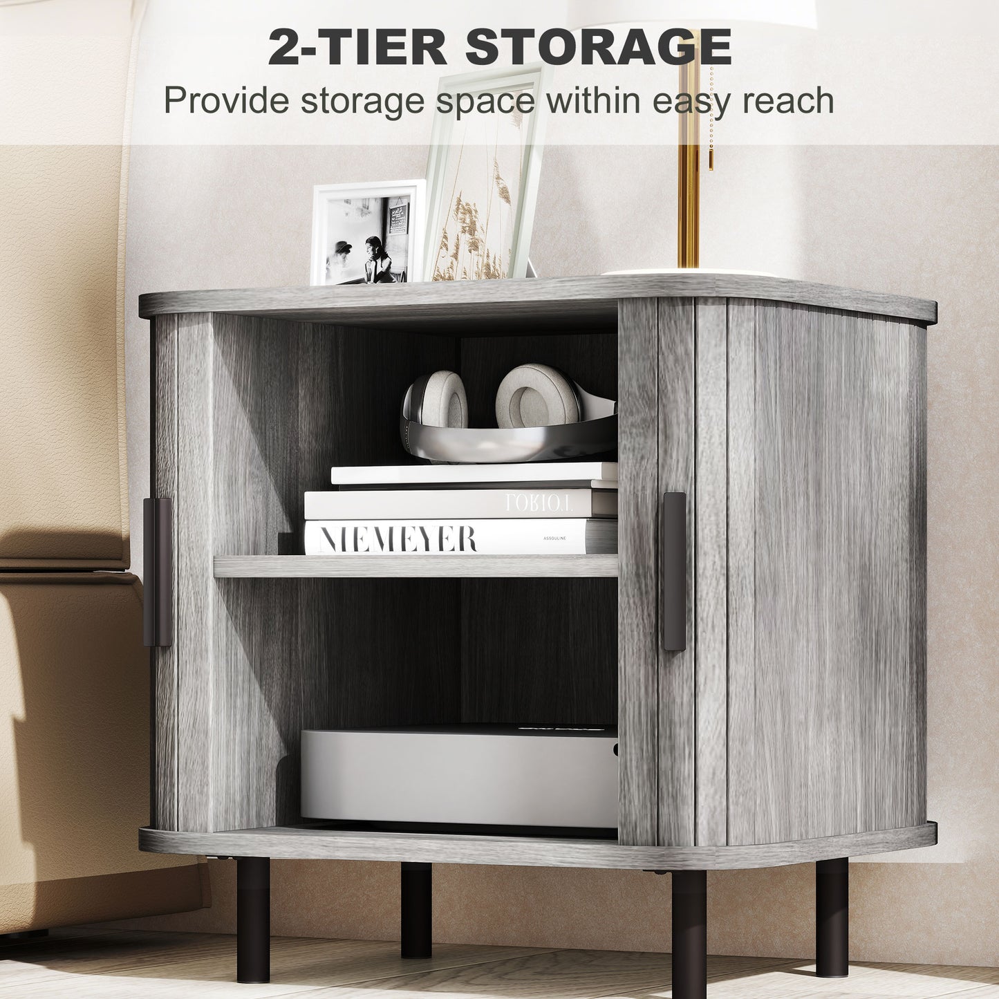 Nightstand with Sliding Doors and Metal Legs for Bedroom Grey