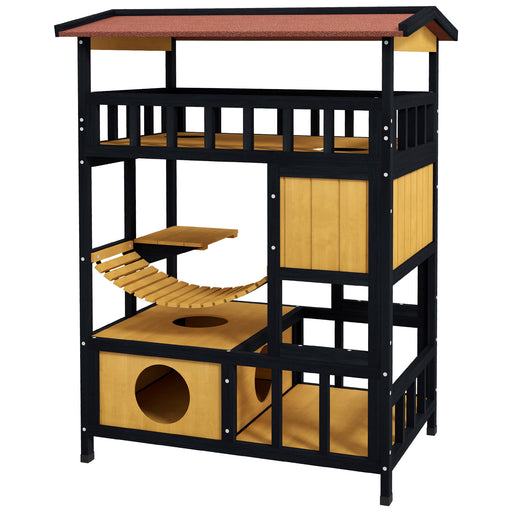 Outdoor Cat Shelter, Four-Tier Wooden Feral Cat House, with Suspension Bridge, Cat Houses, Balcony, Escape Doors