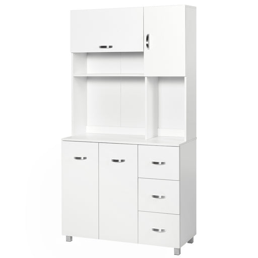 Freestanding Kitchen Storage Unit w/ Cupboard Cabinets Open Compartments Drawers Metal Handles Side Shelf Server Organisation Furniture White