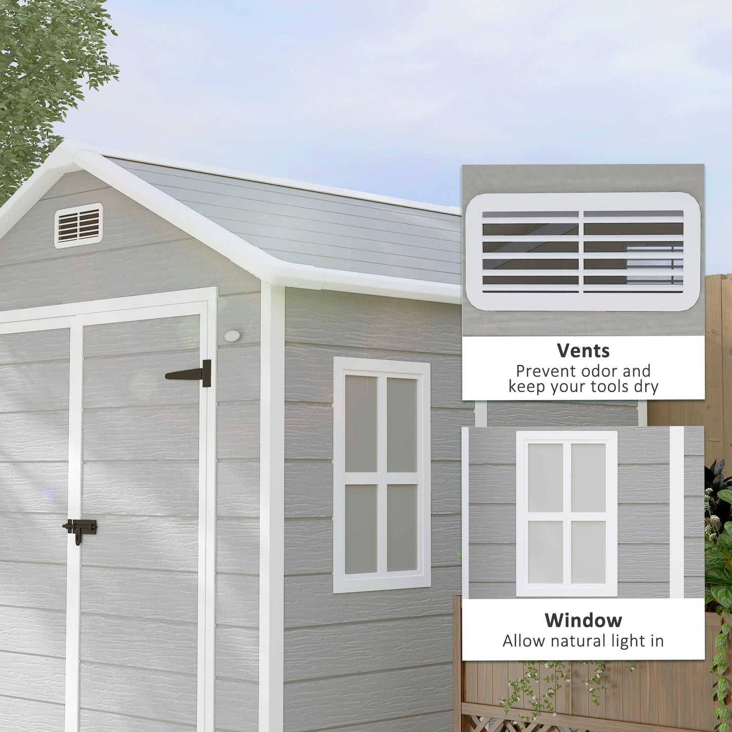 6 x 5ft Garden Shed, Plastic Shed with Floor, Window, Lockable Doors and Vents,  Light Grey