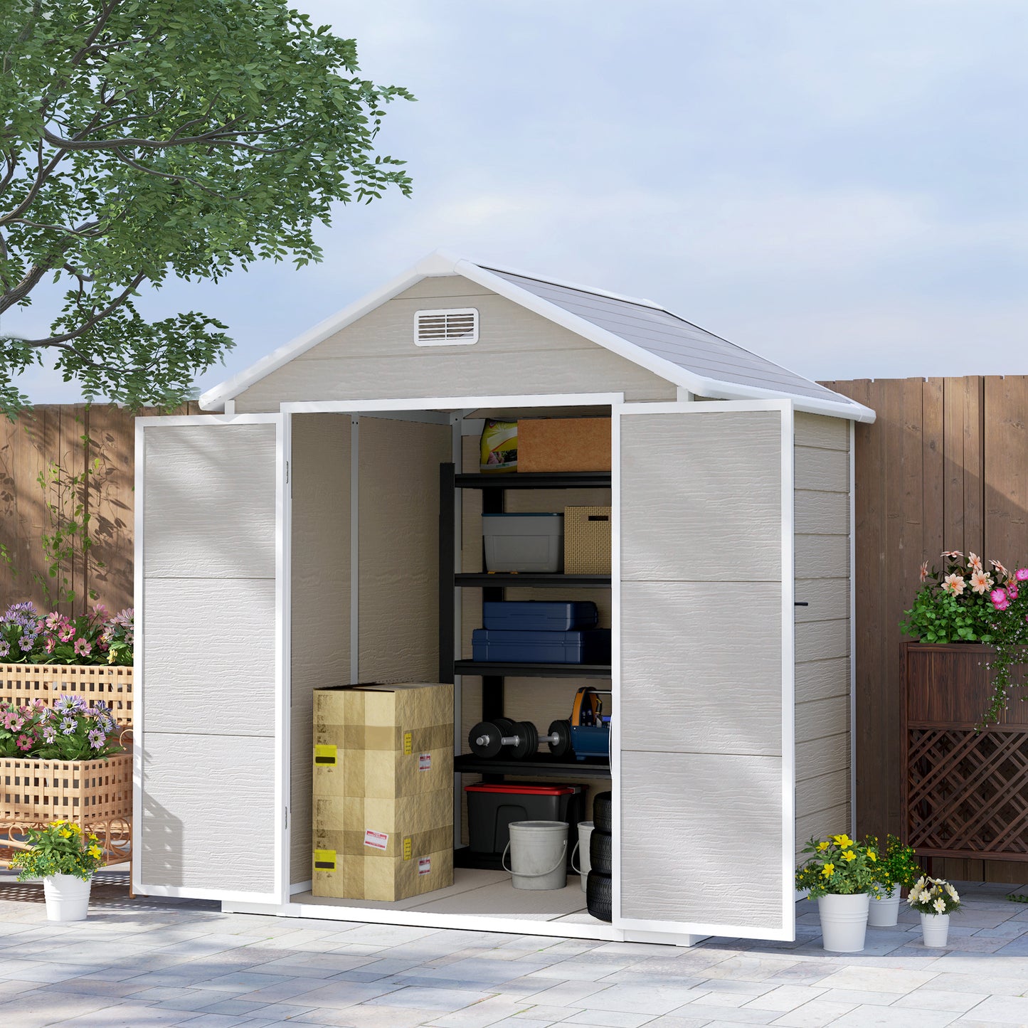 6 x 5ft Garden Shed, Plastic Shed with Floor, Window, Lockable Doors and Vents,  Light Grey