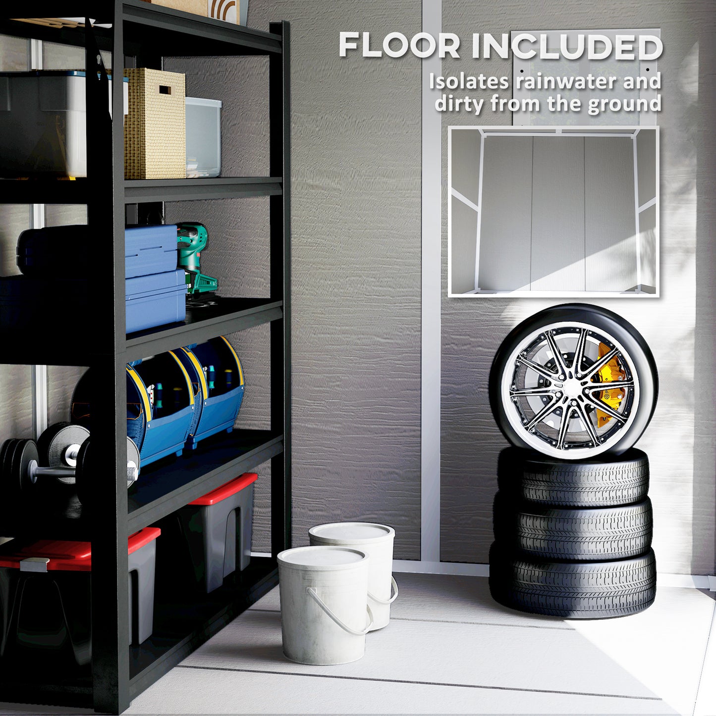 6 x 5ft Garden Shed, Plastic Shed with Floor, Window, Lockable Doors and Vents,  Light Grey