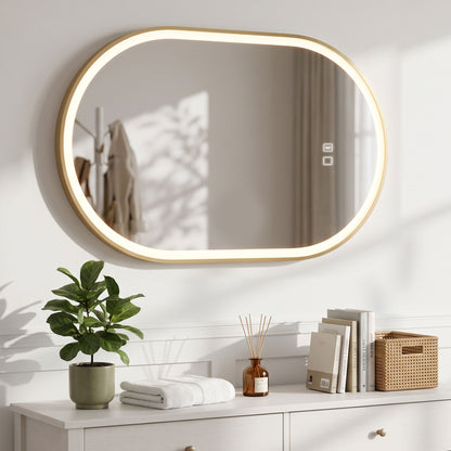 100 x 70cm Oval LED Bathroom Mirror with Bluetooth Speaker and Demister - Gold Tone