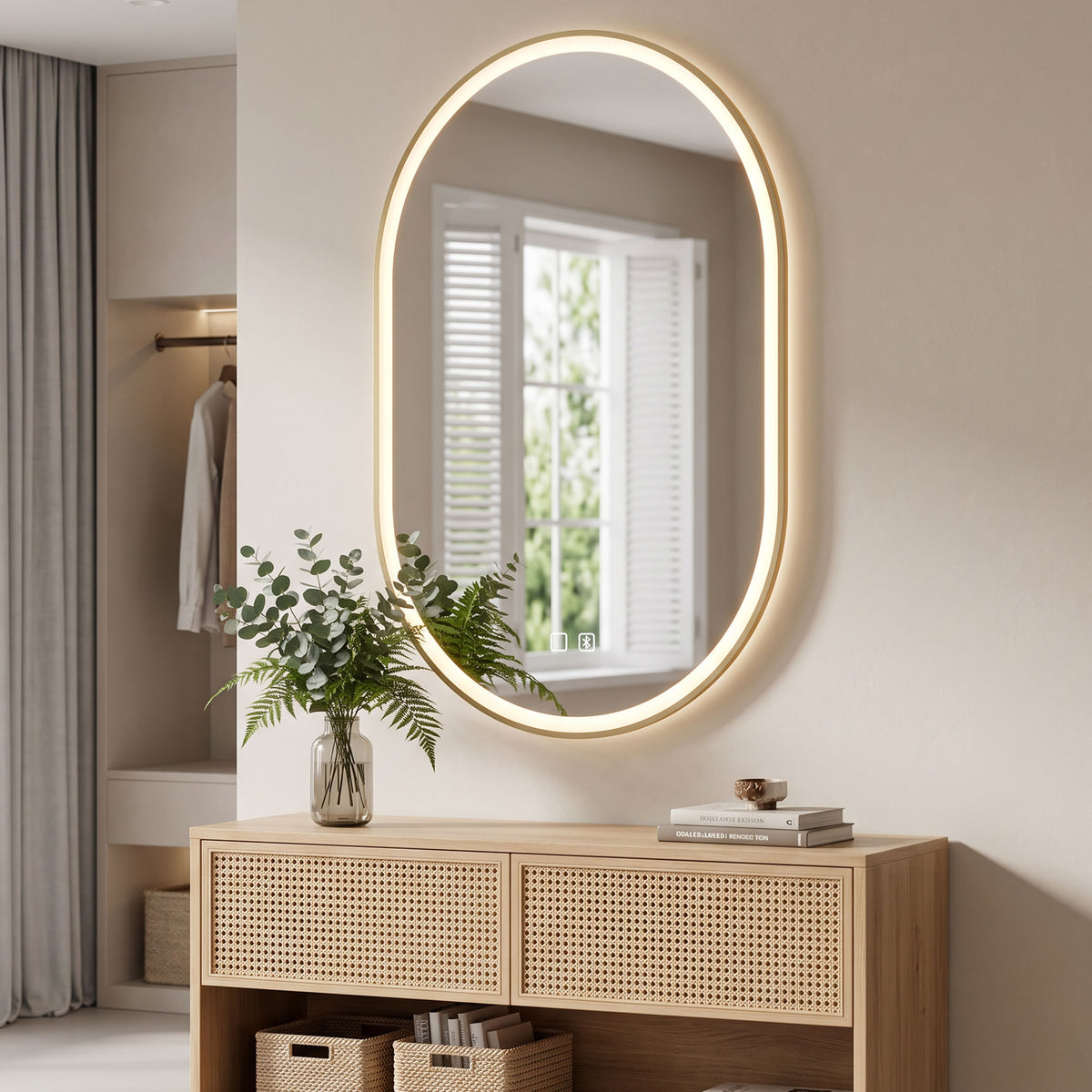 100 x 70cm Oval LED Bathroom Mirror with Bluetooth Speaker and Demister - Gold Tone