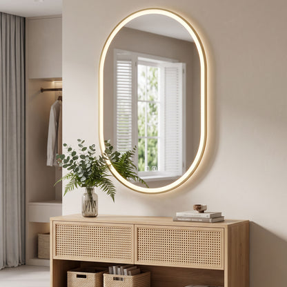 100 x 70cm Oval LED Bathroom Mirror with Bluetooth Speaker and Demister - Gold Tone