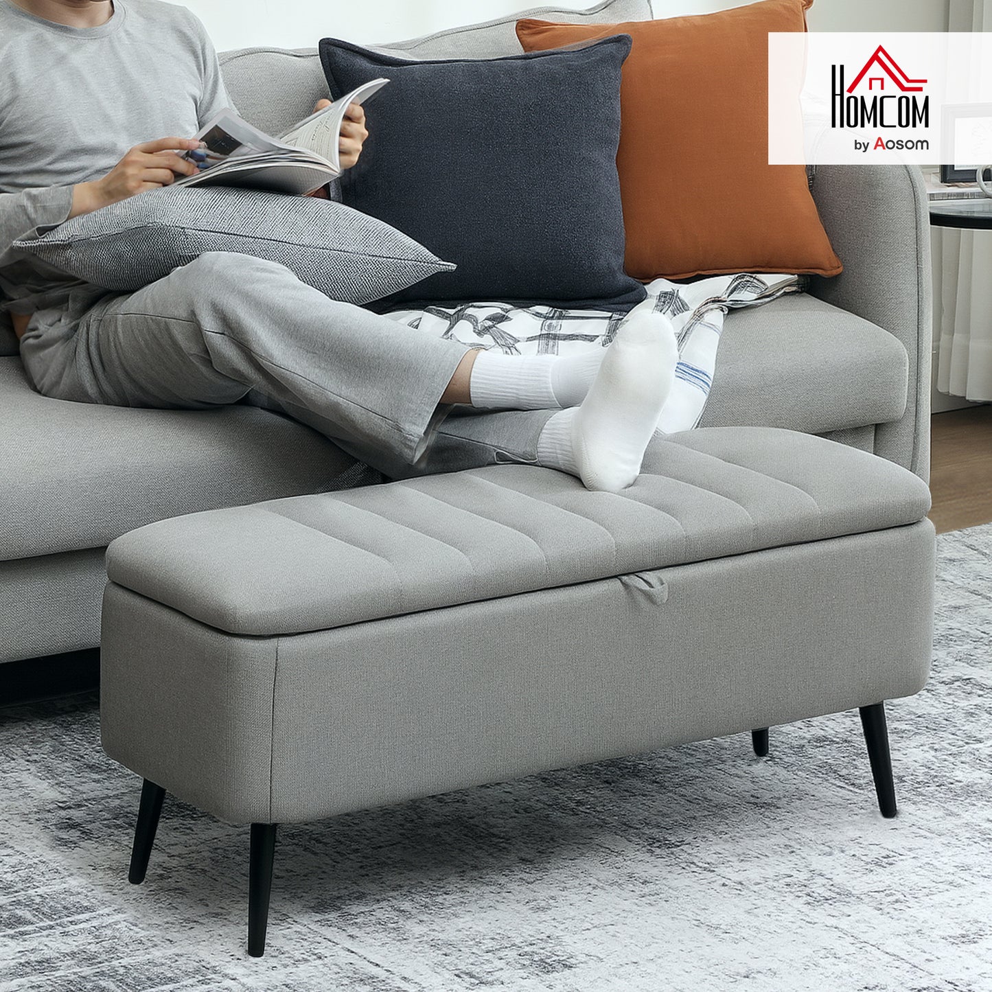 Storage Ottoman Bench, Linen-feel Footstool with Steel Legs, Grey