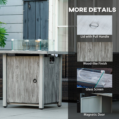 Gas Fire Pit Table with 40,000 BTU Burner, Cover, Glass Screen, Grey