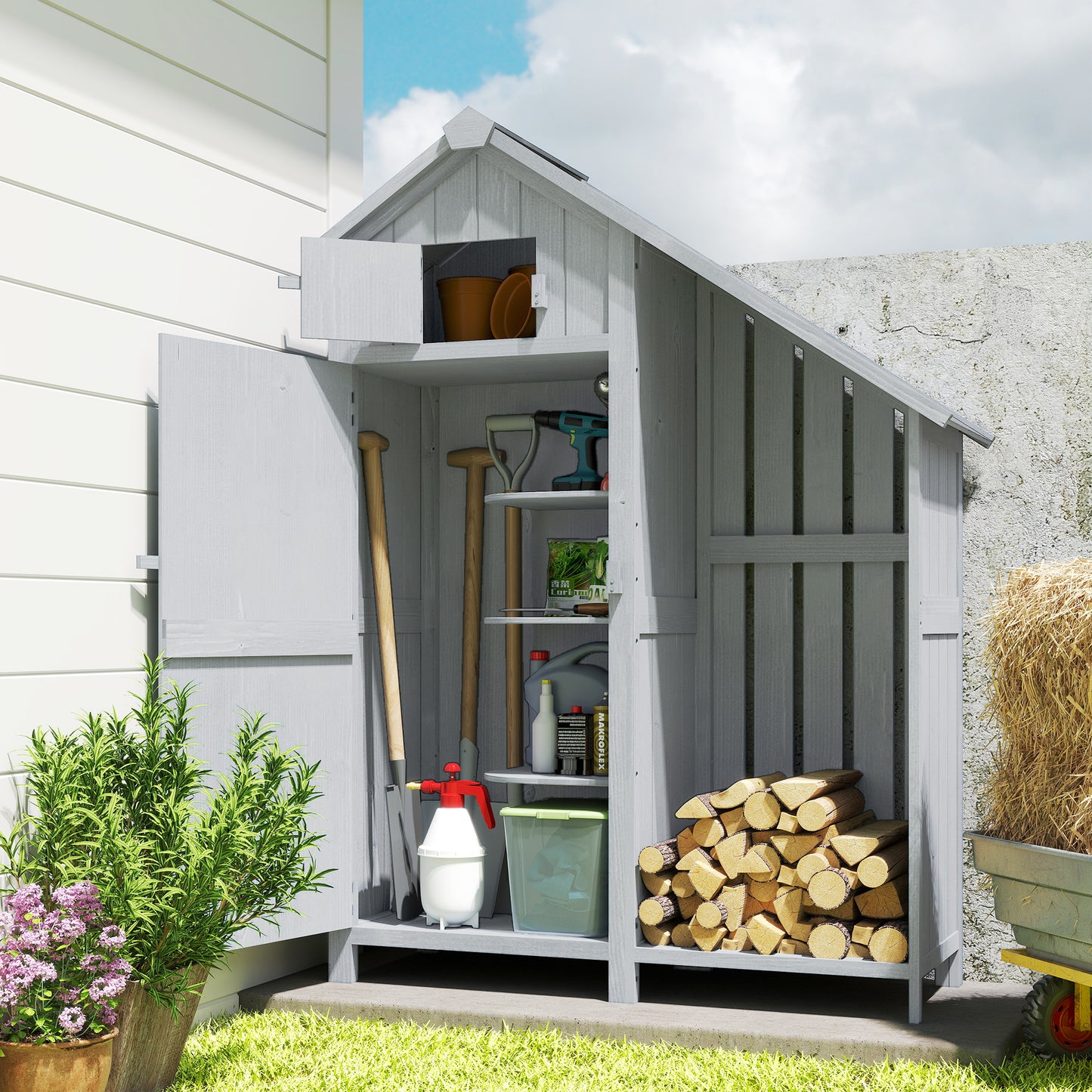 Fir Garden Storage Shed With Shelves Log Rack, For Garden Tools