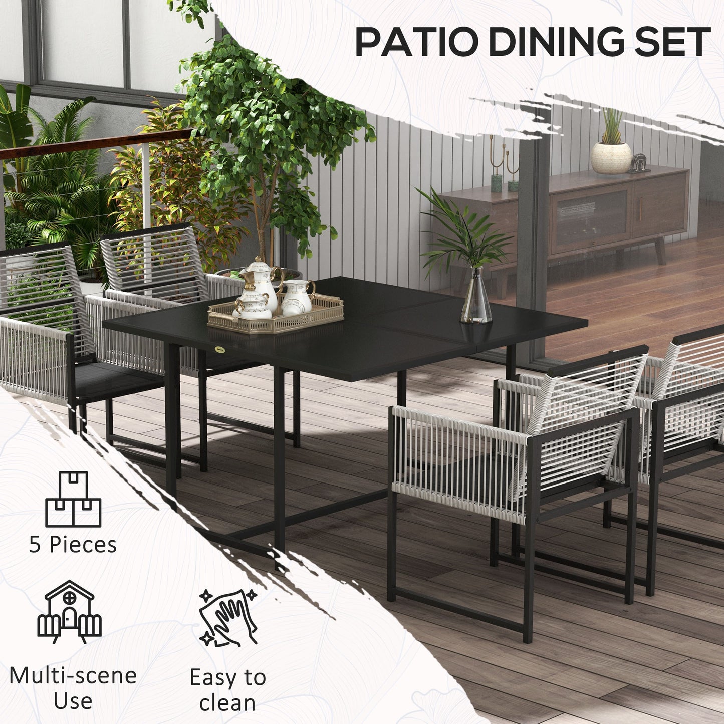 5 Pieces Patio Dining Set with Foldable Back, Light Grey