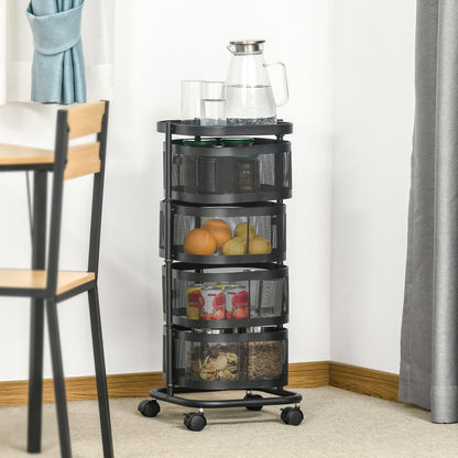 Metal Storage Cart with Top Tray and 4 Mesh Baskets, Black