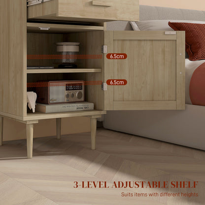 Bedside Table with Rattan Drawer, Cabinet and Adjustable Shelf, Natural