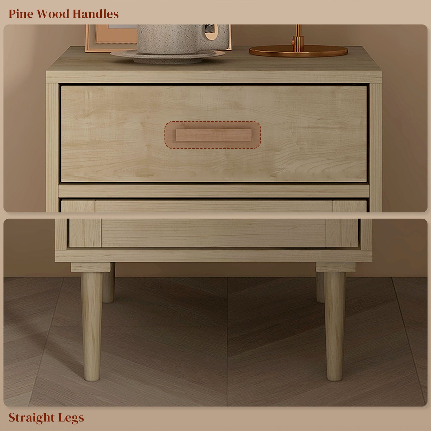 Bedside Table with Rattan Drawer, Cabinet and Adjustable Shelf, Natural
