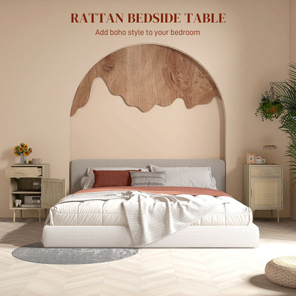 Bedside Table with Rattan Drawer, Cabinet and Adjustable Shelf, Natural