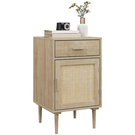 Bedside Table with Rattan Drawer, Cabinet and Adjustable Shelf, Natural