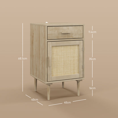 Bedside Table with Rattan Drawer, Cabinet and Adjustable Shelf, Natural