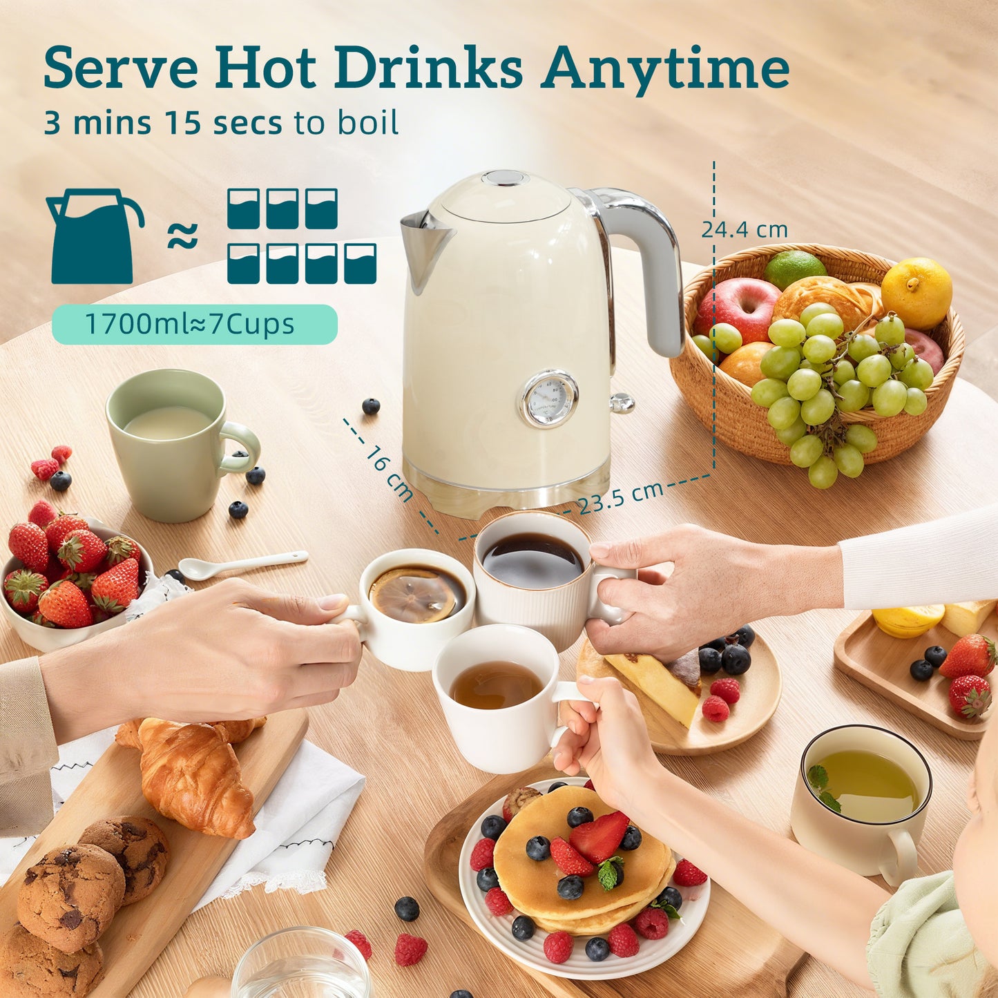 Kettle and Toaster Set with Temperature Gauge, Crumb Tray, Cream