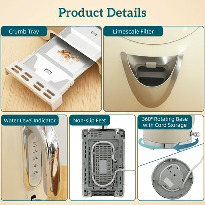 Kettle and Toaster Set with Temperature Gauge, Crumb Tray, Cream