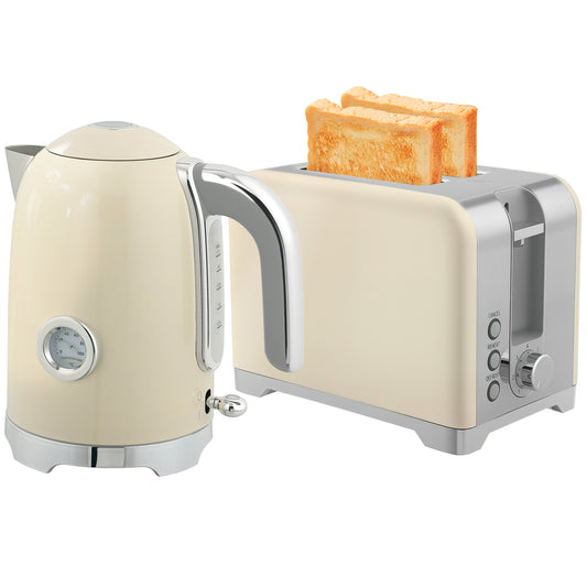 Kettle and Toaster Set with Temperature Gauge, Crumb Tray, Cream