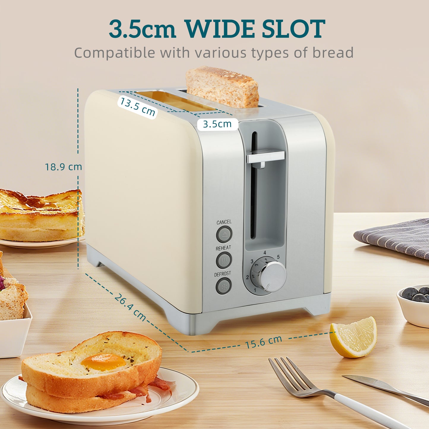 Kettle and Toaster Set with Temperature Gauge, Crumb Tray, Cream