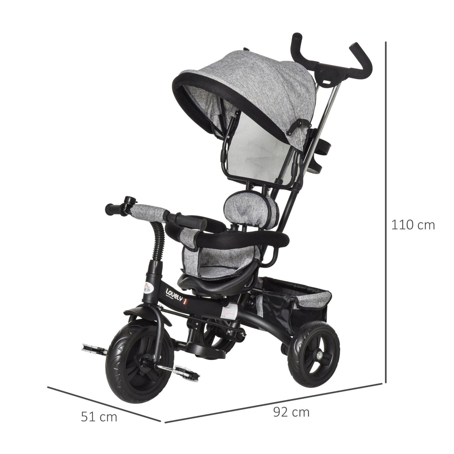 Toddler Bike Push Along Trike, 2-in-1 Cloth Tricycle Stroller w/ Push Handle, Detachable Guardrail & Storage Bag, Grey