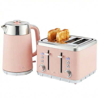 1.7L 3000W Rapid Boil Kettle and 4 Slice Toaster Set Crumb Tray Pink
