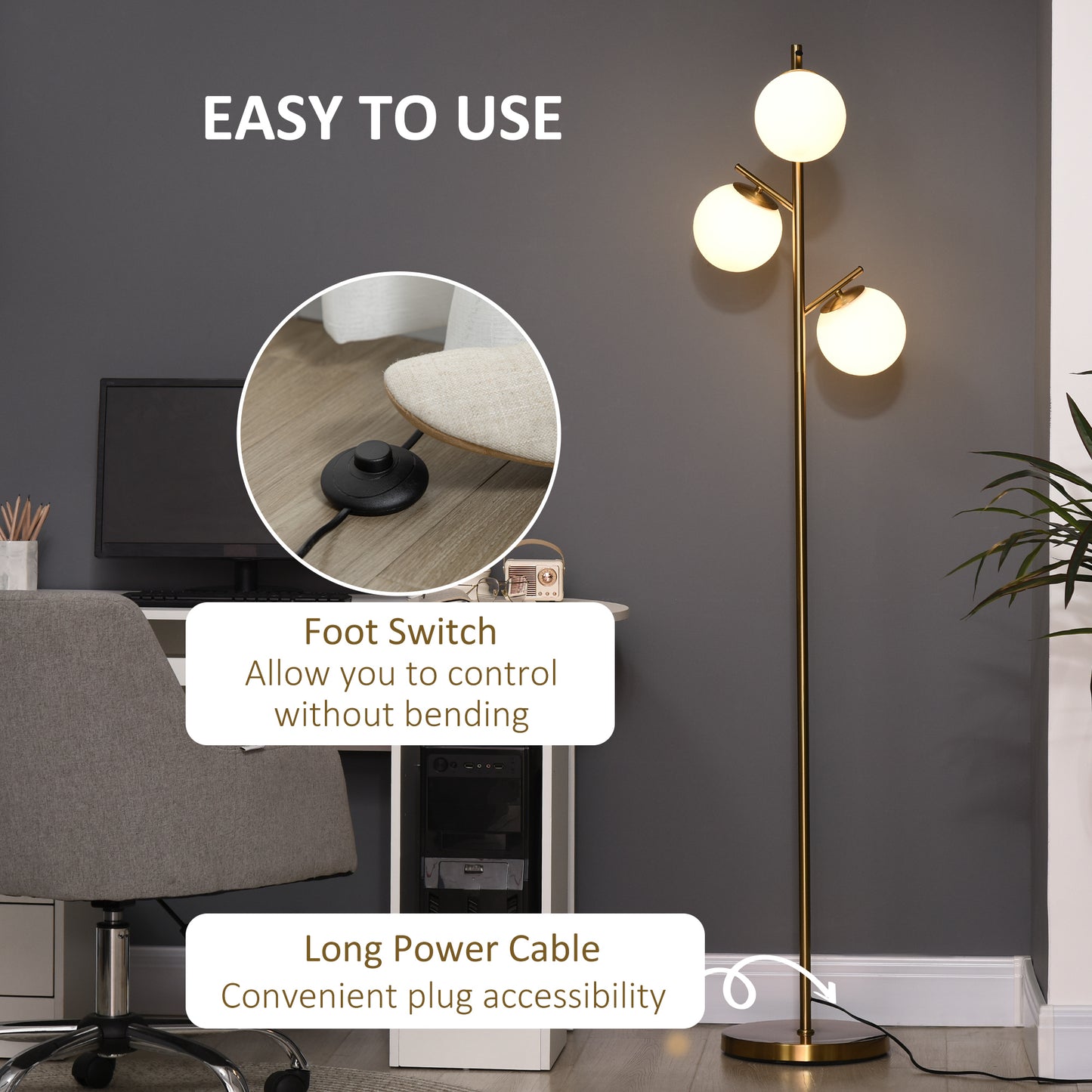 Modern Tree Floor Lamp with 3 Light, for Living Room Bedroom, Gold