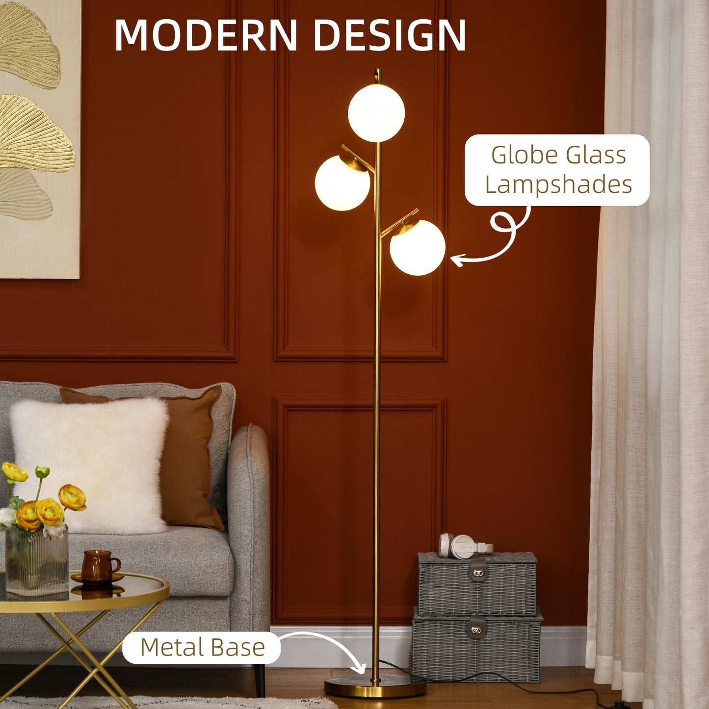 Modern Tree Floor Lamp with 3 Light, for Living Room Bedroom, Gold