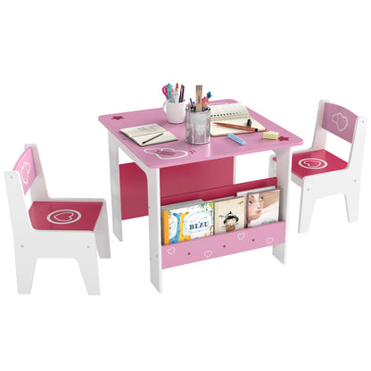 3 Pieces Kids Table and Chair Set with Bookshelves, Pink