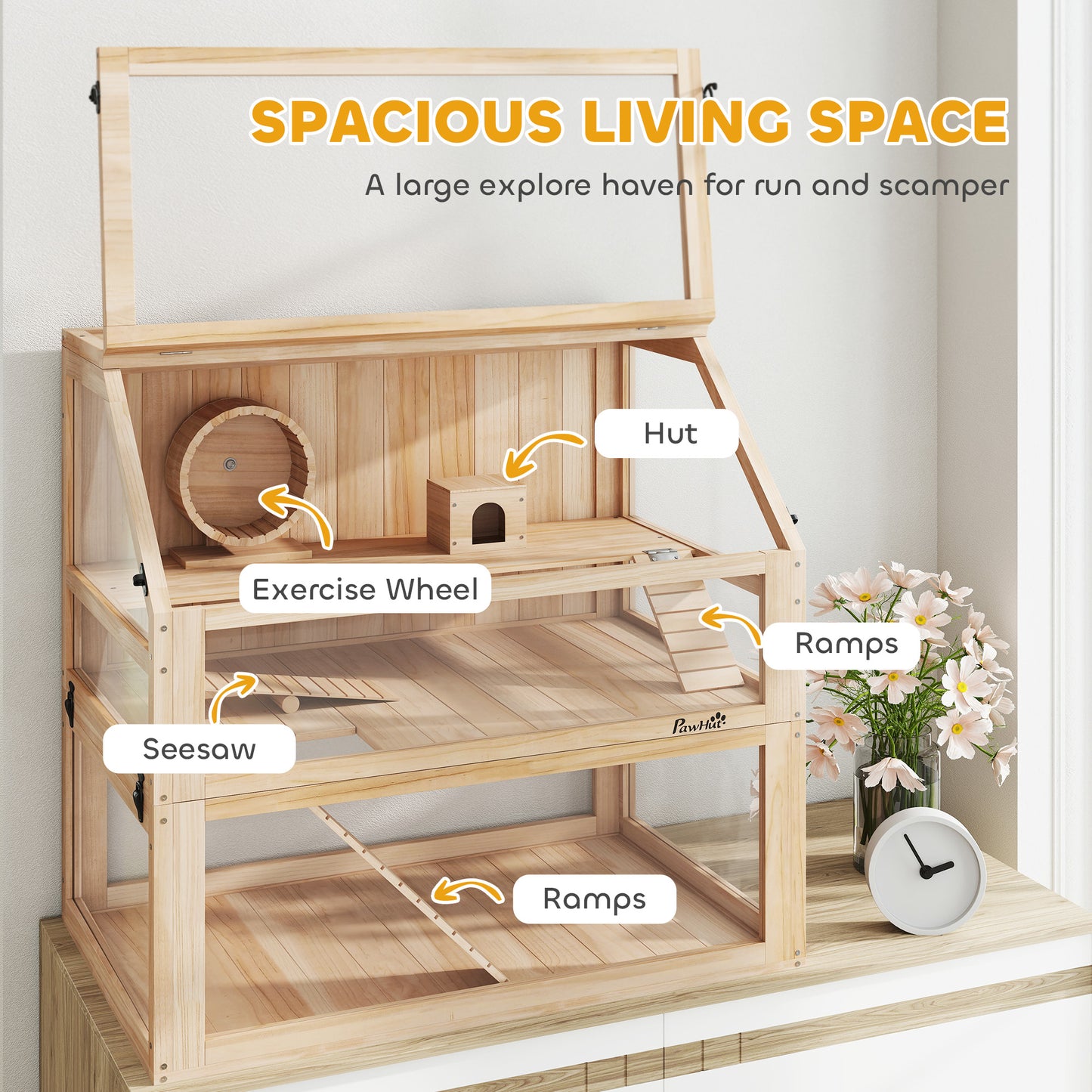Wooden Hamster Cage w/ Detachable Bottom, Hut, Seesaw, Natural