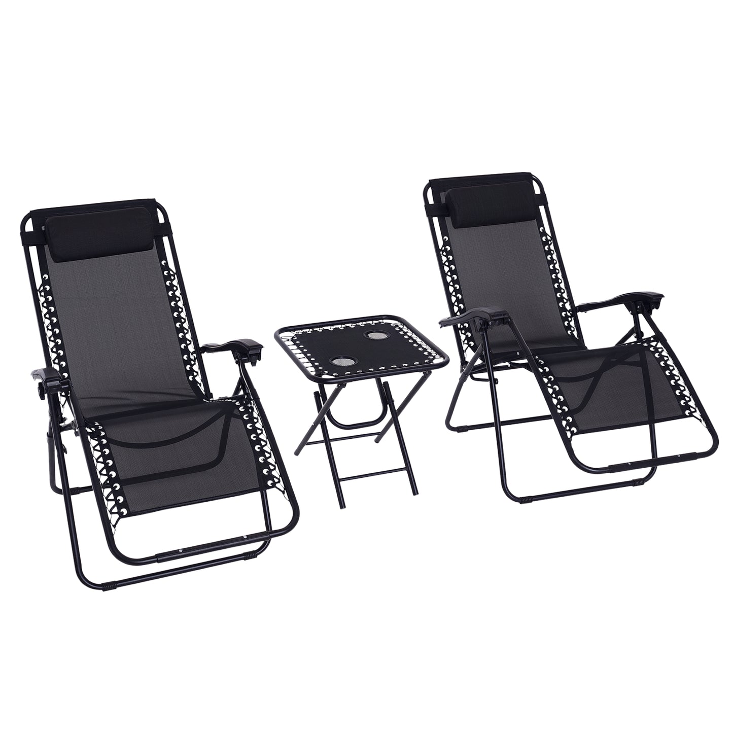 3PC Zero Gravity Chairs Sun Lounger Table Set w/ Cup Holders, Black